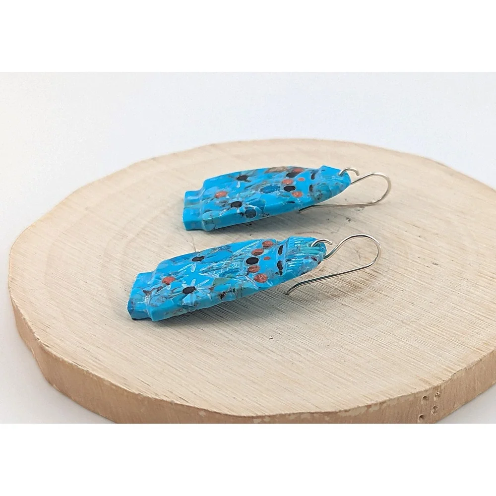 Navajo Dangle Earrings‎ Hand cut Native American Green Turquoise Slab Jewelry **